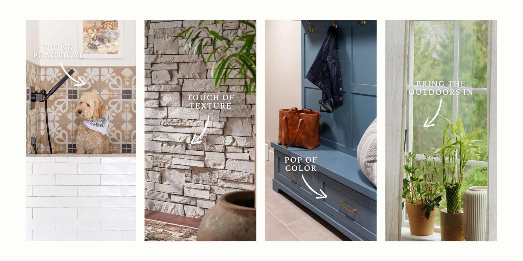 Make it yours by adding personal touches to your functional mudroom, showcasing a dog in a bandana sitting in a tiled shower area beside a textured stone wall and practical wooden bench